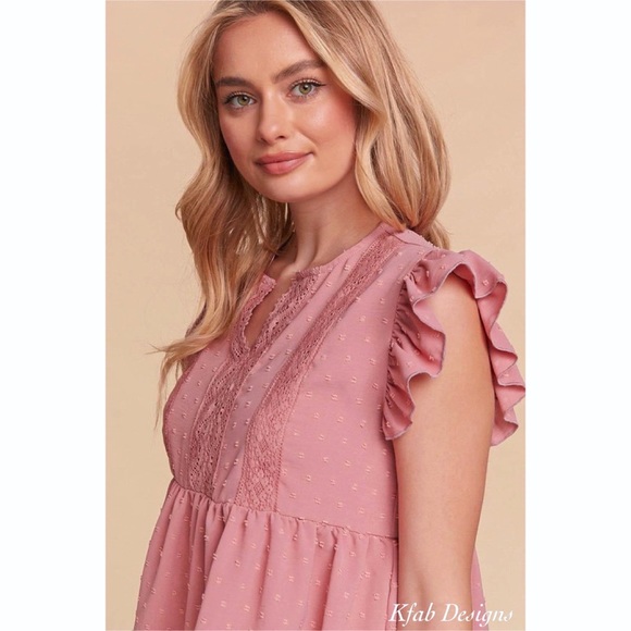 LAST ONE! Crochet/Lace Swiss Dot Cap Ruffle Sleeve Woven Top in Dusty Rose! - Picture 11 of 11